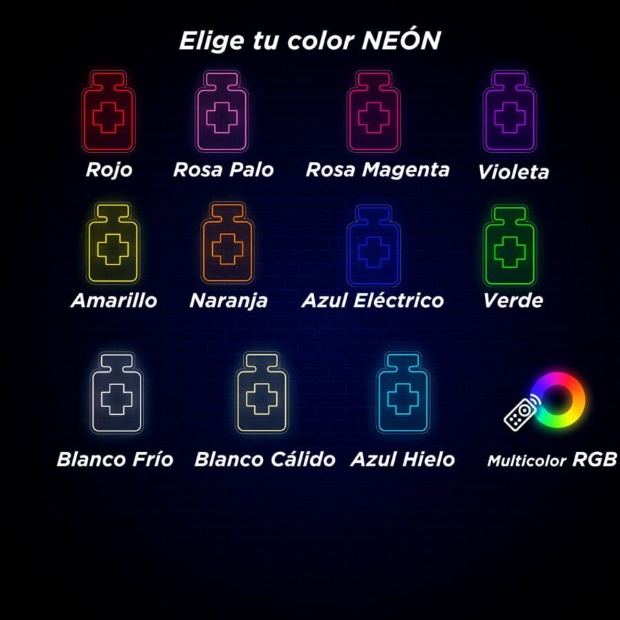 Opciones de color neón que se muestran en español, que incluyen rojo, rosa, magenta, violeta, amarillo, naranja, azul eléctrico, verde, blanco frío, blanco cálido, azul hielo y RGB multicolor.