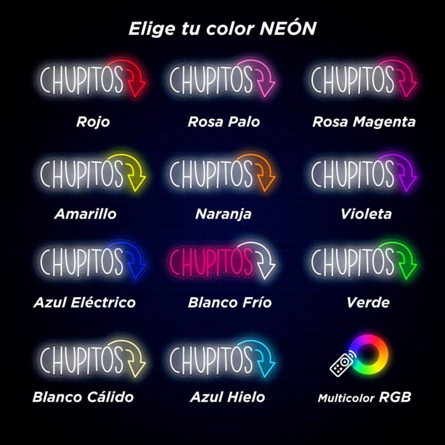 Una selección de letreros de neón con la palabra "Chupitos" en varios colores que incluyen rojo, rosa, magenta, amarillo, naranja, violeta, azul eléctrico, blanco frío, verde, blanco cálido, azul hielo y RGB multicolor.