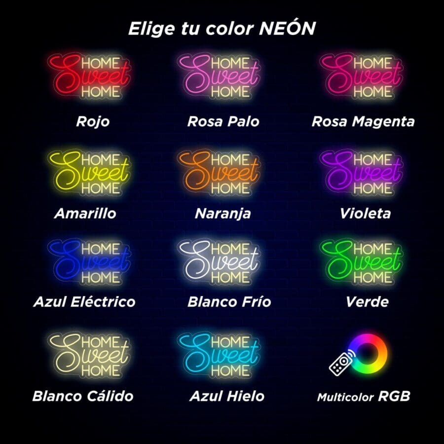 Una selección de carteles de neón "Hogar, dulce hogar" en varios colores con etiquetas que incluyen rojo, rosa pálido, magenta, amarillo, naranja, violeta, azul eléctrico, blanco frío, verde, blanco cálido, azul hielo y multicolor RGB.