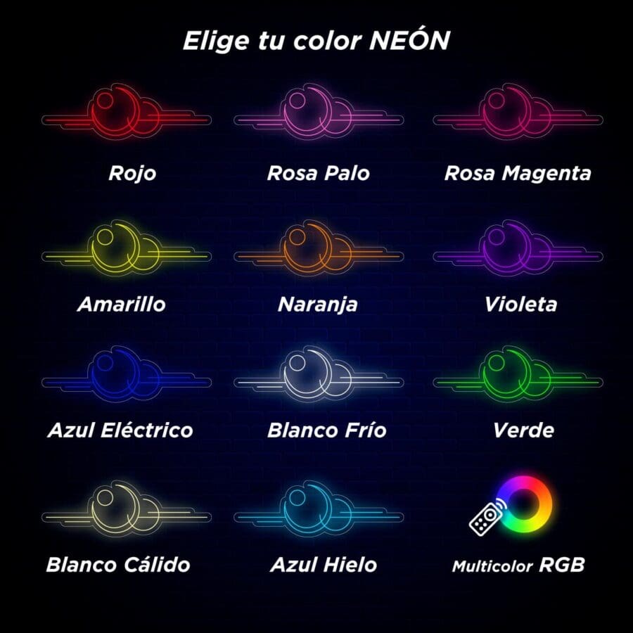 Una cuadrícula que muestra 14 opciones de colores neón, cada una representada por imágenes virtuales de monitores de estudio en varios colores, con etiquetas en español. Una rueda de colores en la parte inferior derecha representa el RGB multicolor.