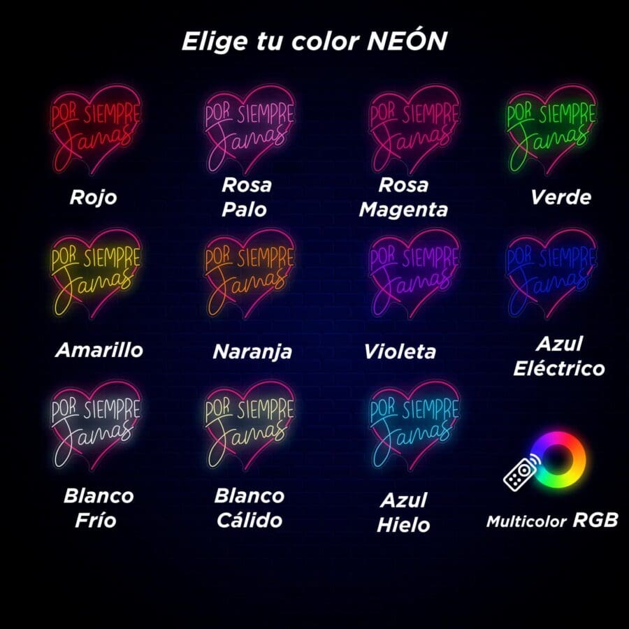 Letreros de neón en forma de corazón en varios colores, cada uno con el texto "Por siempre jamás". Las opciones incluyen rojo, rosa, magenta, verde, amarillo, naranja, violeta, azul eléctrico, blanco frío, blanco cálido, azul hielo y multicolor RGB.