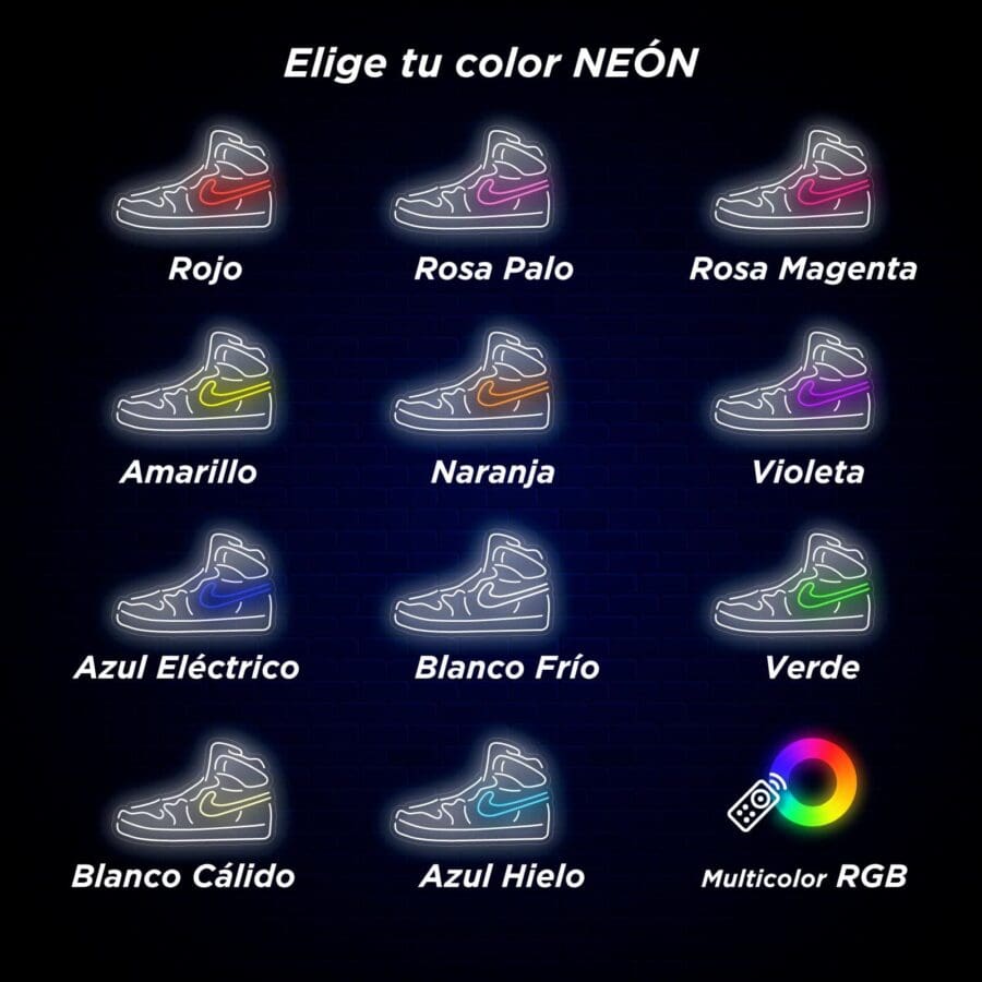 Imagen que muestra varias opciones de colores de zapatos de neón etiquetadas en español: rojo, rosa pálido, rosa magenta, amarillo, naranja, violeta, azul eléctrico, blanco frío, verde, blanco cálido, azul hielo y RGB multicolor.