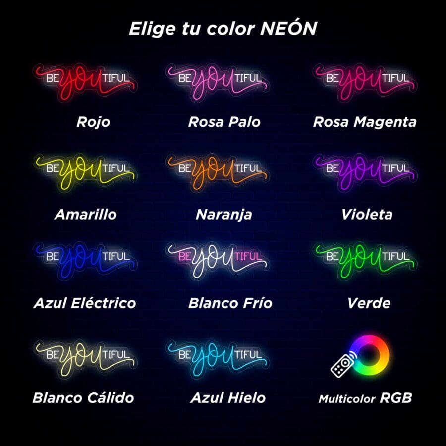 Imagen que muestra variaciones de tipografía de neón de la palabra "BeYOUtiful" en diferentes colores, incluidos rojo, rosa pálido, magenta, amarillo, naranja, violeta, azul eléctrico, blanco frío, verde, blanco cálido y azul hielo, con una opción multicolor RGB.