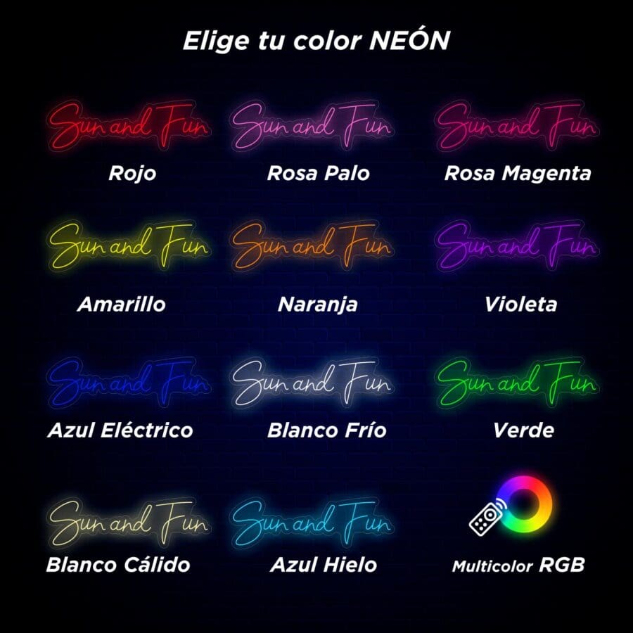 Una selección de estilos de texto de neón en varios colores: rojo, rosa claro, magenta, amarillo, naranja, violeta, azul eléctrico, blanco frío, verde, blanco cálido y azul hielo, con una opción RGB multicolor mostrada.