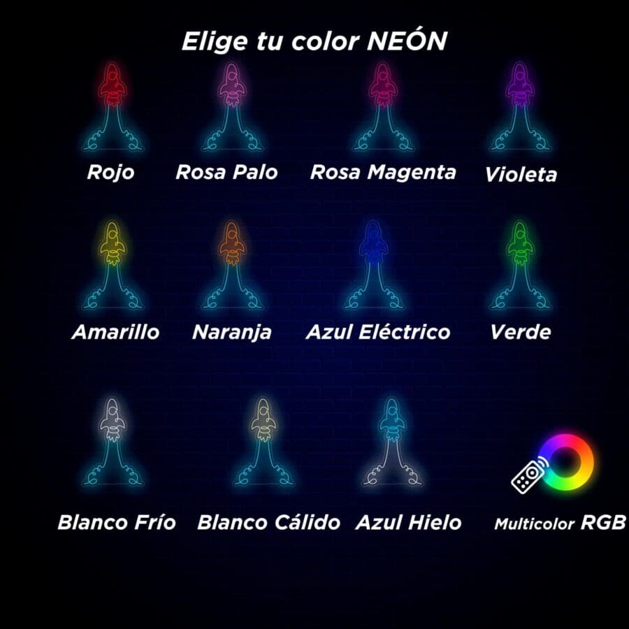 Opciones de color neón para el gráfico de un cohete: rojo, rosa pálido, rosa magenta, violeta, amarillo, naranja, azul eléctrico, verde, blanco frío, blanco cálido, azul hielo y multicolor RGB.