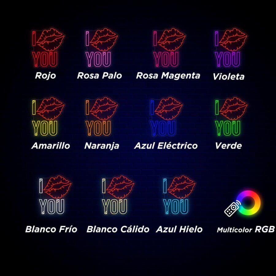 Imagen que muestra letreros LED con la frase "I You" y un gráfico de labios rojos en varios colores, incluidos rojo, rosa palo, rosa magenta, violeta, amarillo, naranja, azul eléctrico, verde, blanco frío, blanco cálido, azul hielo y multicolor. RGB.