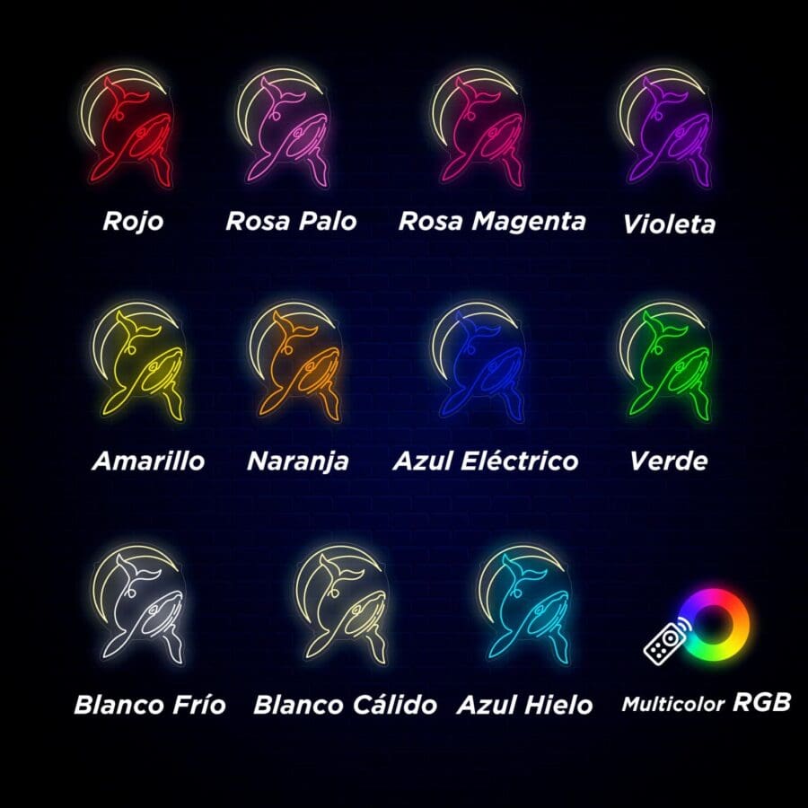 Gráfico de luz de neón que muestra una variedad de colores etiquetados en español, incluidos Rojo, Rosa Palo, Rosa Magenta, Violeta, Amarillo, Naranja, Azul Eléctrico, Verde, Blanco Frío, Blanco Cálido y Azul Hielo.