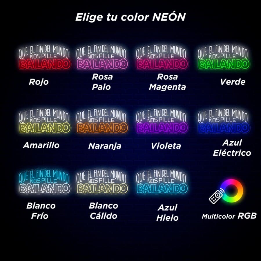 Un cartel que muestra 13 colores de texto de neón sobre un fondo negro, con cada opción de color etiquetada en español (por ejemplo, Rojo, Verde, Amarillo) y una rueda de color en la parte inferior derecha etiquetada "Multicolor RGB".