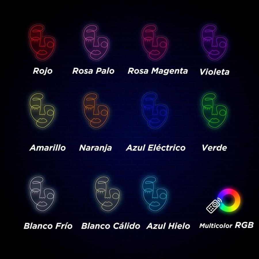 Imagen que muestra 15 caras de neón en diferentes colores. Cada cara tiene una etiqueta de color en español debajo: Rojo, Rosa Palo, Rosa Magenta, Violeta, Amarillo, Naranja, Azul Eléctrico, Verde, Blanco Frío, Blanco Cálido, Azul Hielo, Multicolor RGB.