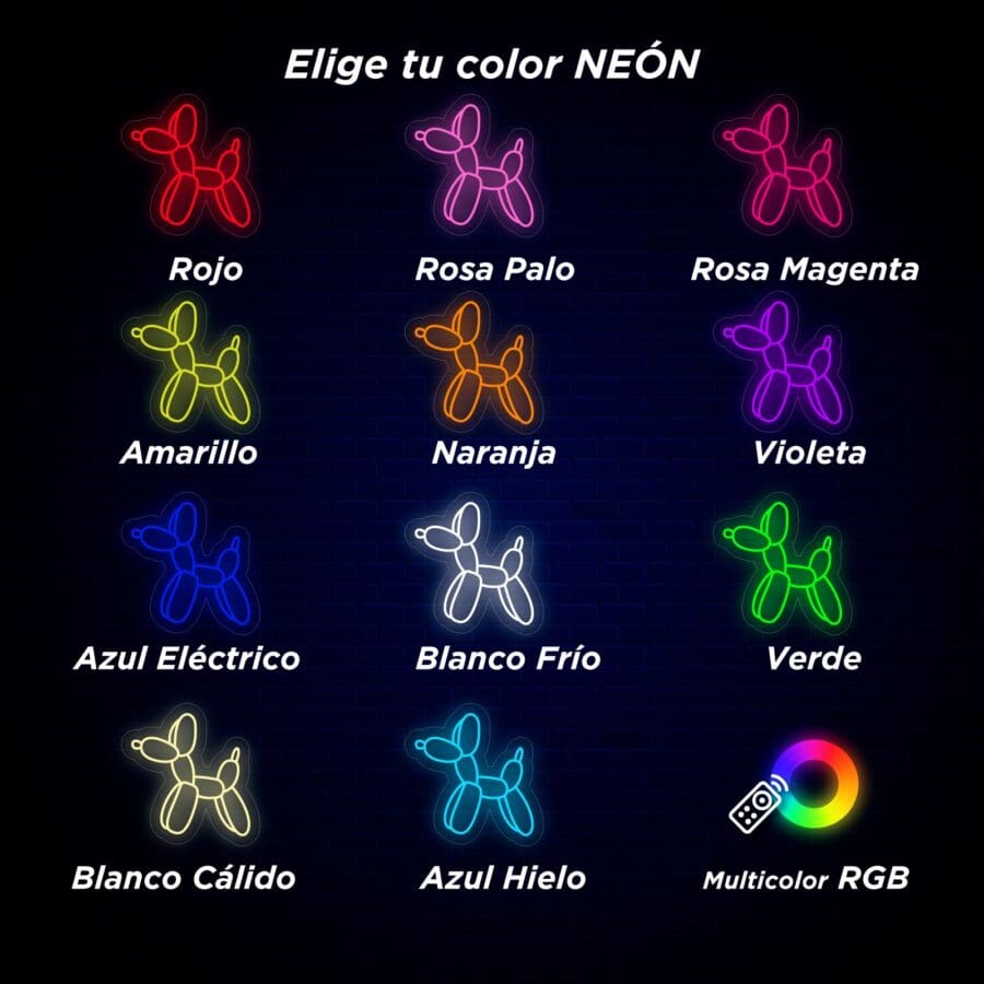 Imagen que muestra ilustraciones de perros con globos de neón en varios colores con etiquetas en español: Rojo, Rosa Palo, Rosa Magenta, Amarillo, Naranja, Violeta, Azul Eléctrico, Blanco Frio, Verde, Blanco Cálido, Azul Hielo, Multicolor RGB.