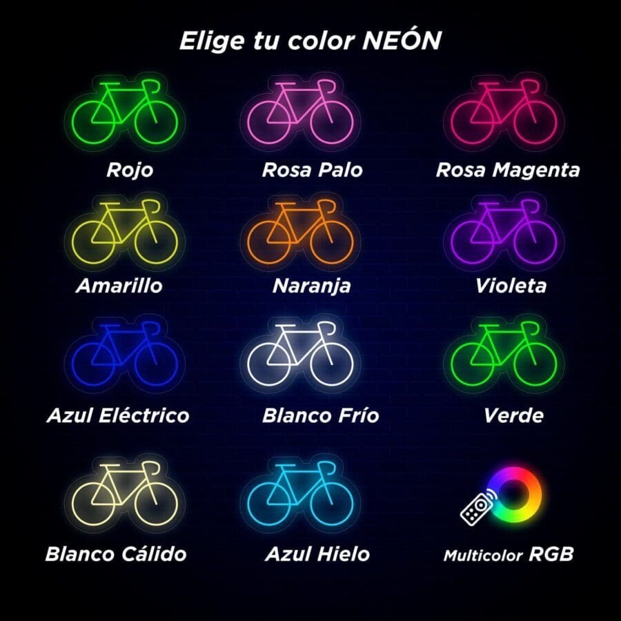 Opciones de color de la bicicleta de neón: rojo, rosa pálido, rosa magenta, amarillo, naranja, violeta, azul eléctrico, blanco frío, verde, blanco cálido, azul hielo y RGB multicolor. El texto dice "Elige tu color NEÓN".