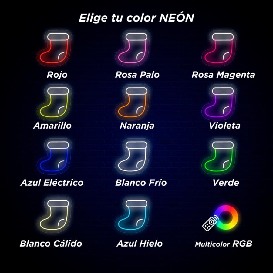 Imagen que muestra 12 íconos de calcetines de colores neón, cada uno etiquetado en español: Rojo, Rosa Palo, Rosa Magenta, Amarillo, Naranja, Violeta, Azul Eléctrico, Blanco Frío, Verde, Blanco Cálido, Azul Hielo y Multicolor RGB.