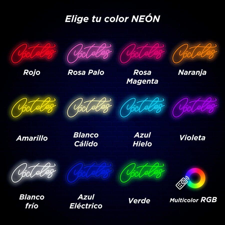 Tres filas de opciones de texto de neón en diferentes colores con etiquetas, que incluyen rojo, rosa, magenta, naranja, amarillo, blanco cálido, blanco frío, azul claro, azul eléctrico, violeta y verde. Control remoto para RGB multicolor.