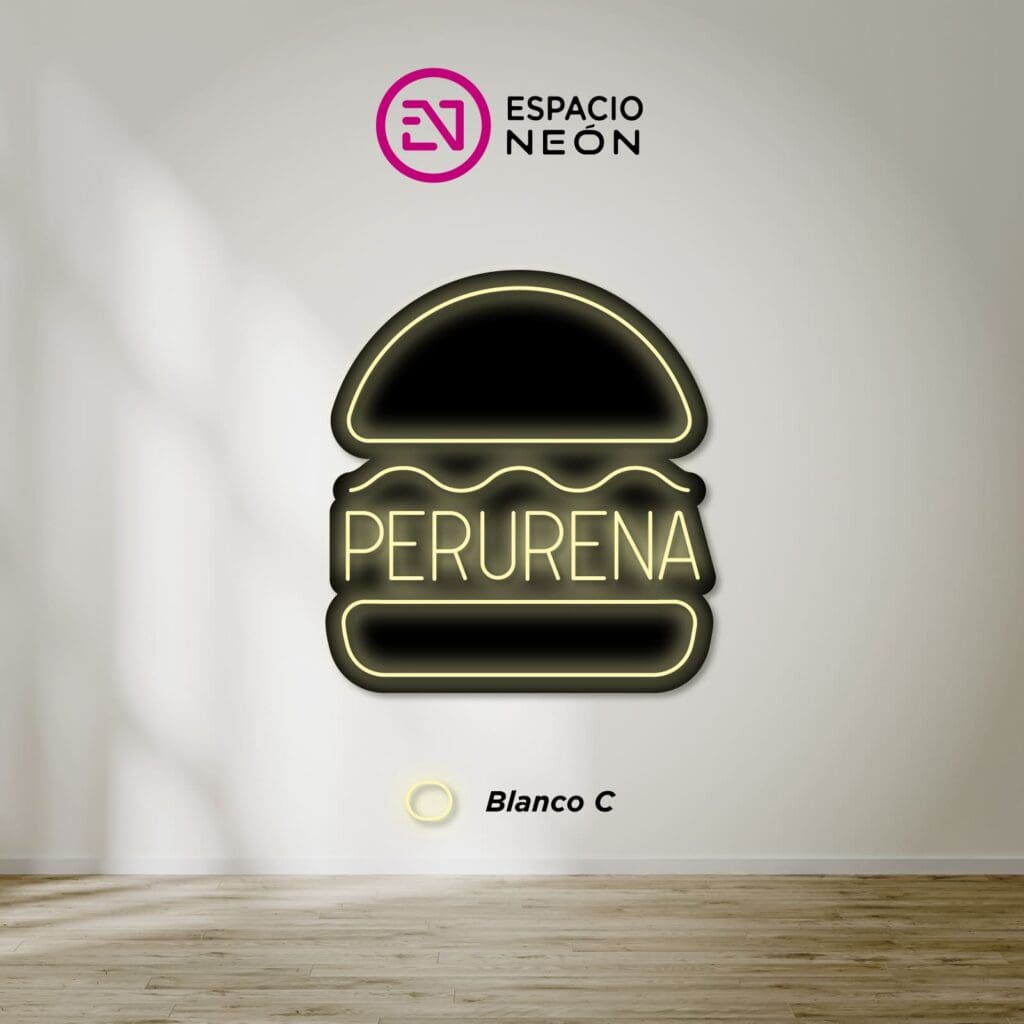 Letrero de hamburguesas estilo neón con la palabra "Perurena" debajo del logo de "Espacio Neón". Las paredes son de color claro con piso de madera.