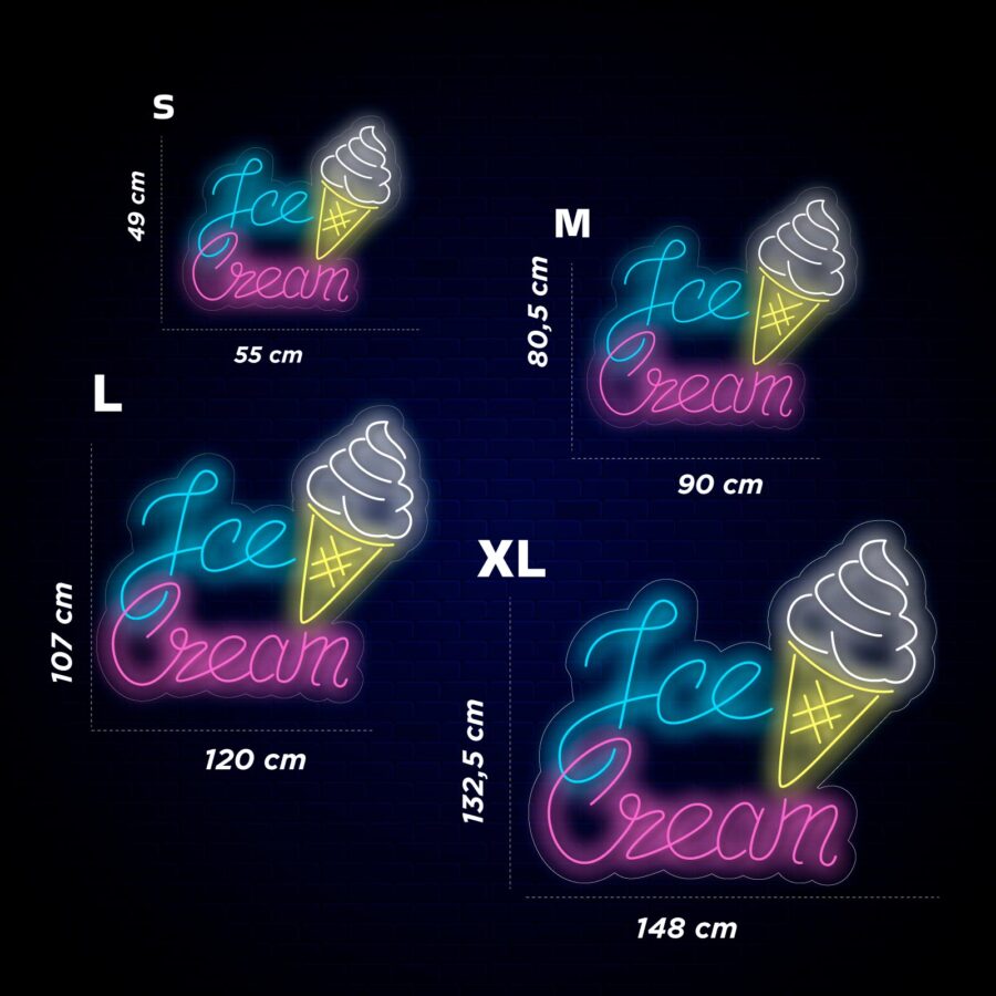 Cuatro carteles de neón de helado en diferentes tamaños (S, M, L, XL) con dimensiones en centímetros.