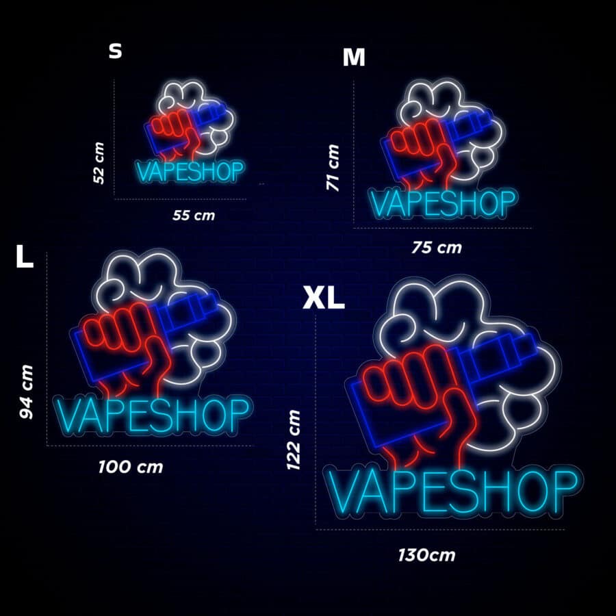 Letreros de neón VAPESHOP en cuatro tamaños (S, M, L, XL) que muestran una mano que sostiene un vaporizador. Cada tamaño tiene medidas específicas de alto y ancho sobre un fondo oscuro.