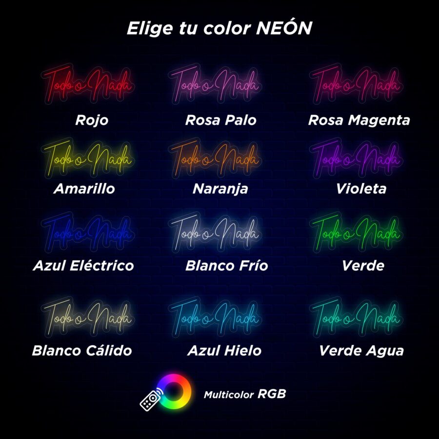 Imagen que muestra una selección de colores de texto de neón, incluidos rojo, rosa, magenta, amarillo, naranja, violeta, azul eléctrico, blanco frío, verde, blanco cálido, azul hielo, verde agua y RGB multicolor.