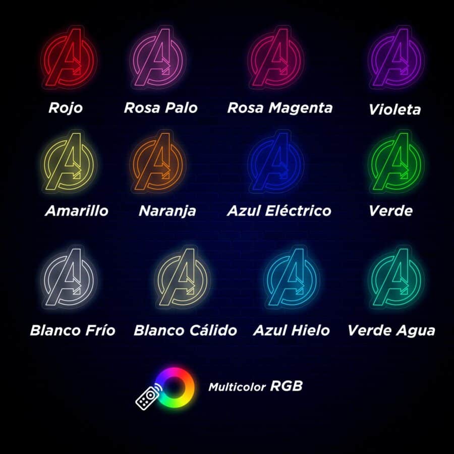 Una cuadrícula de símbolos "A" de colores, cada uno con diferentes etiquetas en español: Rojo, Rosa Palo, Rosa Magenta, Violeta, Amarillo, Naranja, Azul Eléctrico, Verde, Blanco Frío, Blanco Cálido, Azul Hielo, Verde Agua.