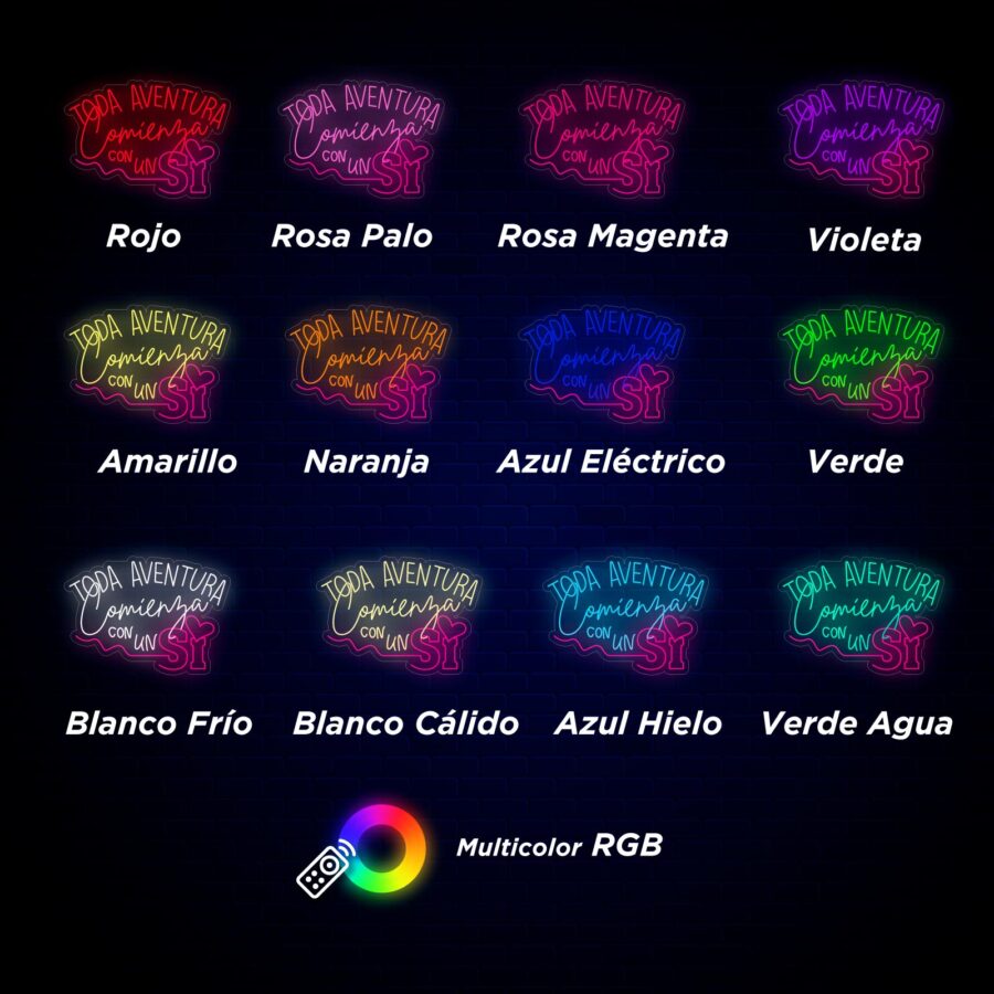 Imagen que muestra 14 colores de luces de neón con etiquetas: Rojo, Rosa Palo, Rosa Magenta, Violeta, Amarillo, Naranja, Azul Eléctrico, Verde, Blanco Frío, Blanco Cálido, Azul Hielo, Verde Agua, Multicolor RGB.