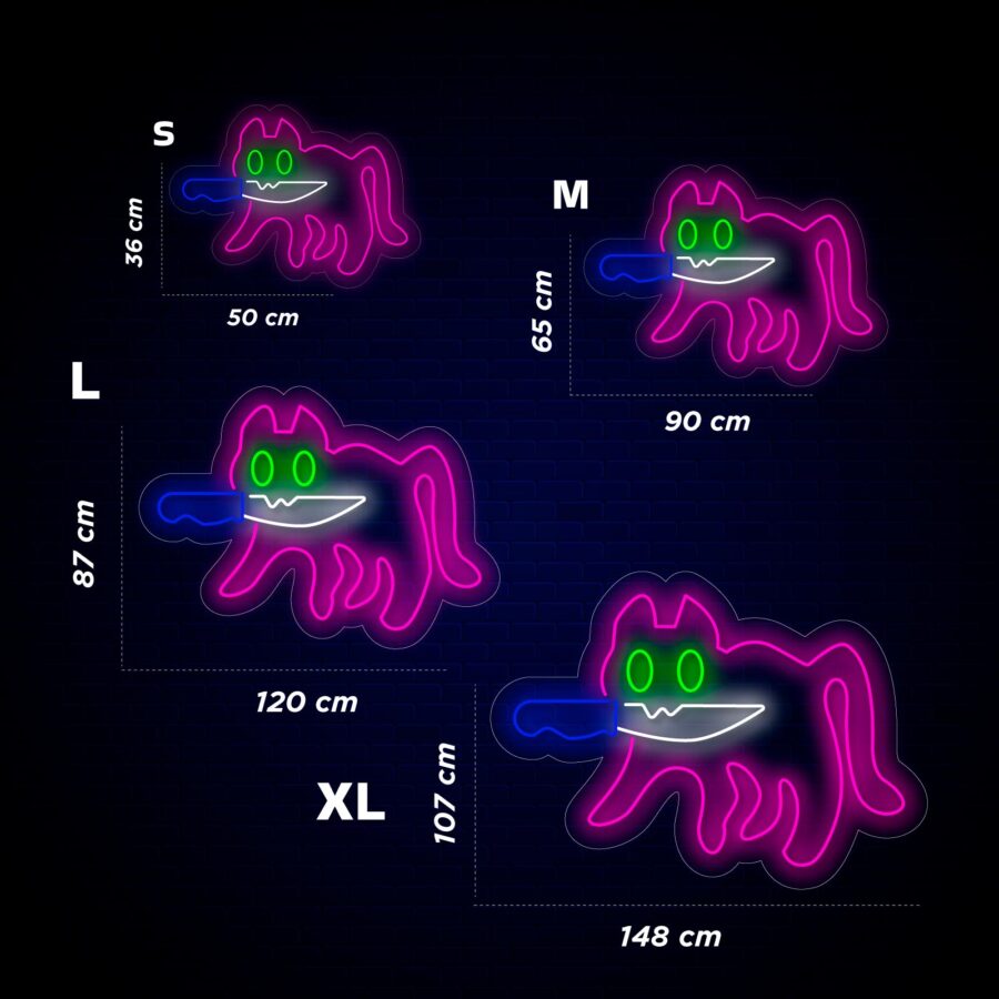 Cuatro letreros de neón con gatos estilizados en diferentes tamaños: S (36 x 50 cm), M (65 x 90 cm), L (87 x 120 cm), XL (107 x 148 cm) sobre un fondo oscuro. Cada gato es rosa con ojos verdes y un detalle azul.