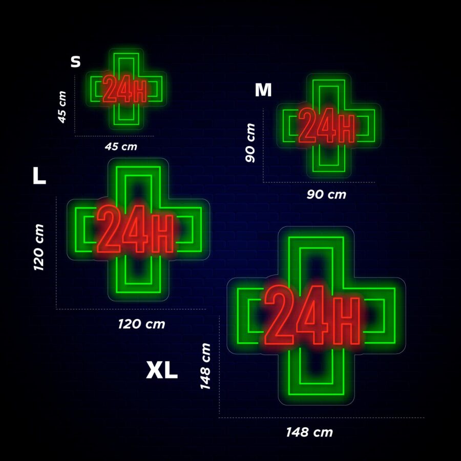 Cuatro carteles en forma de cruz de color verde neón y rojo etiquetados como S, M, L, XL con "24H" en el centro, que muestran las medidas: 45x45 cm, 90x90 cm, 120x120 cm, 148x148 cm, respectivamente.