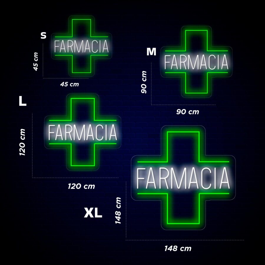 Cuatro cruces de farmacia iluminadas en color verde con la palabra "FARMACIA", mostradas en tamaños: S (45 cm), M (90 cm), L (120 cm), XL (148 cm) sobre un fondo oscuro.