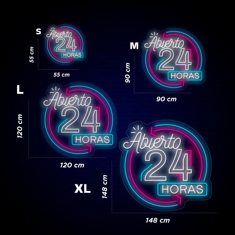 Cuatro carteles de neón circulares que muestran "Abierto 24 Horas" en diferentes tamaños: S (55 cm), M (90 cm), L (120 cm), XL (148 cm), con medidas indicadas.