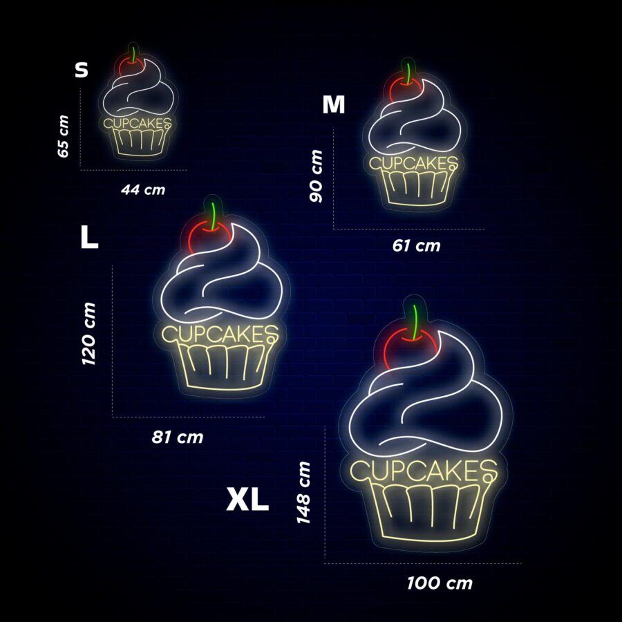 Se muestran carteles de neón con cupcakes en tamaños S, M, L y XL sobre un fondo oscuro. Las medidas se indican en centímetros para la altura y el ancho de cada tamaño.