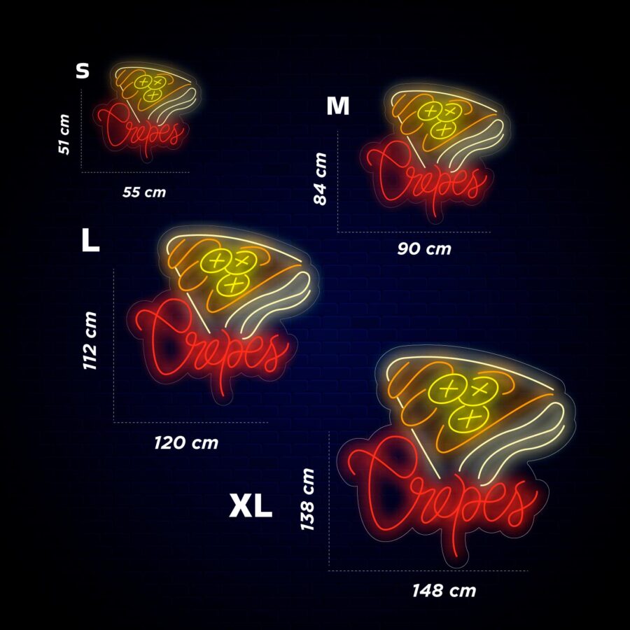 Letreros de neón de "Crepes" en cuatro tamaños: S (55x51 cm), M (90x84 cm), L (120x112 cm), XL (148x138 cm), sobre fondo oscuro.