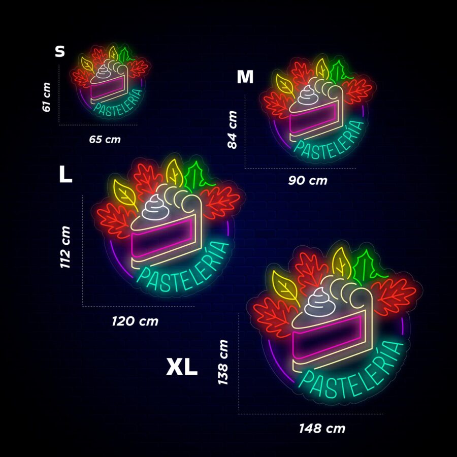 Cuatro carteles de neón que muestran una rebanada de pastel con la palabra "Pastelería" en varios tamaños: S (65x61 cm), M (90x84 cm), L (120x112 cm), XL (148x138 cm), con hojas de colores y un contorno brillante.
