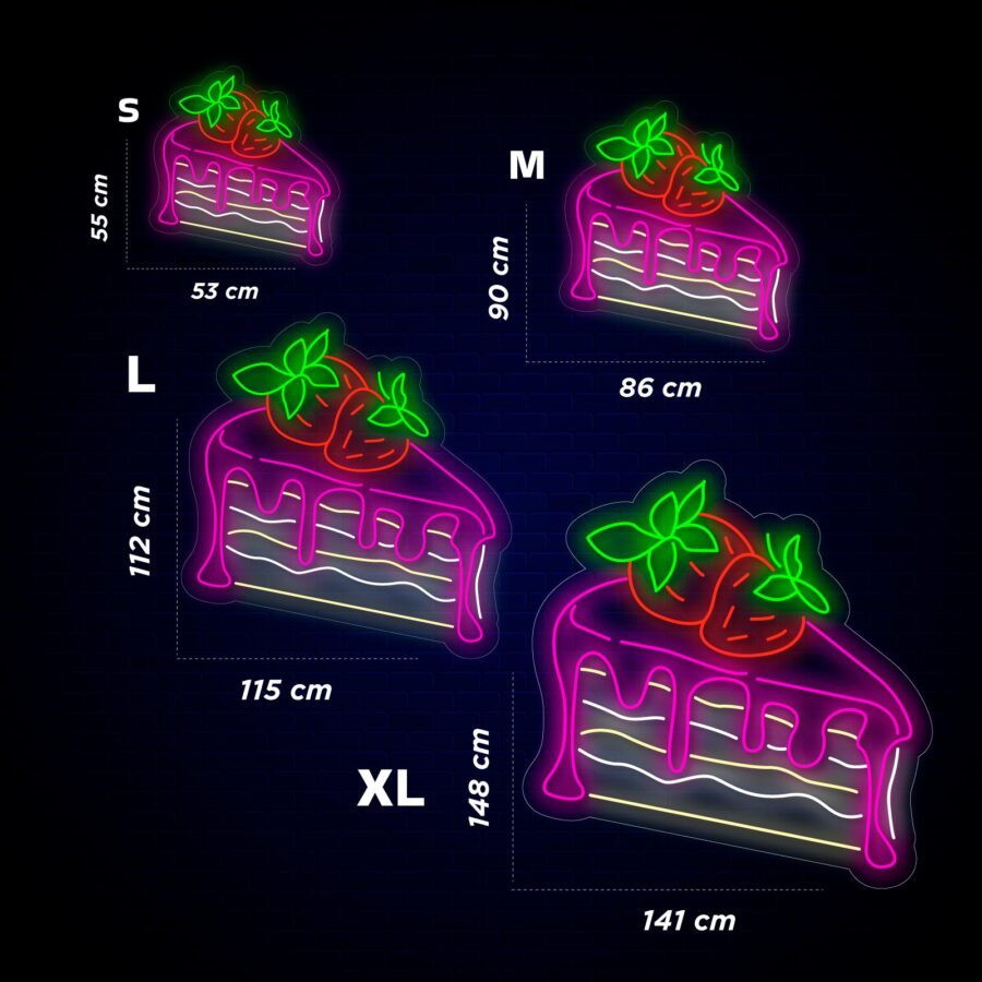 Letreros de neón con forma de rebanada de pastel en tamaños S, M, L, XL, con fresas y glaseado goteando. Las dimensiones de cada tamaño se indican en centímetros.