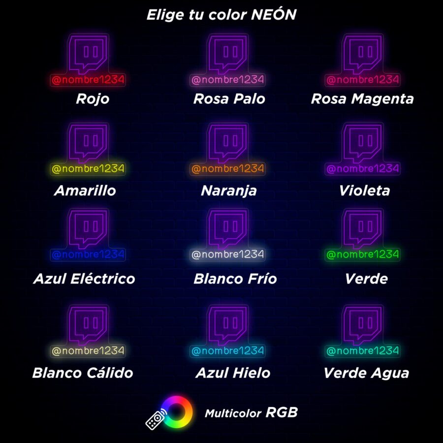 Doce logotipos de neón de Twitch con diferentes colores y etiquetas, incluidos Rojo, Rosa Palo, Amarillo, Naranja y más. En la parte inferior hay una rueda de colores con la etiqueta "Multicolor RGB".