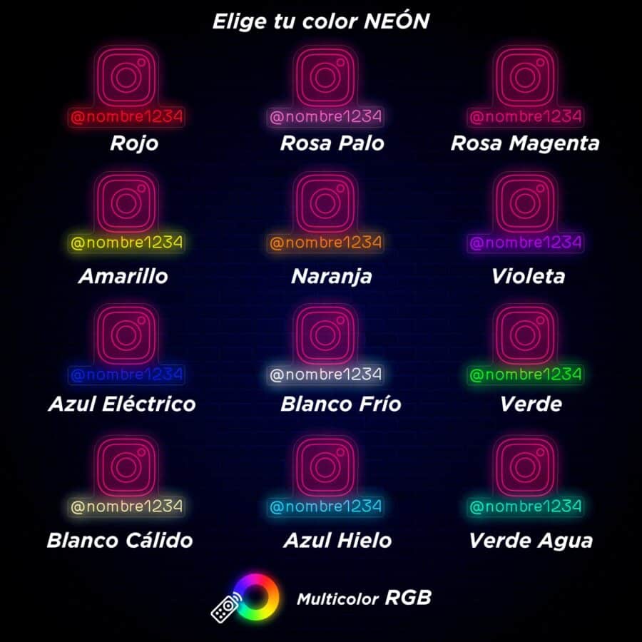 Cuadrícula de iconos de Instagram con el nombre de usuario @nombre1234 en 14 colores neón: rojo, rosa, magenta, amarillo, naranja, violeta, azul eléctrico, blanco frío, verde, blanco cálido, azul hielo, verde agua, RGB.