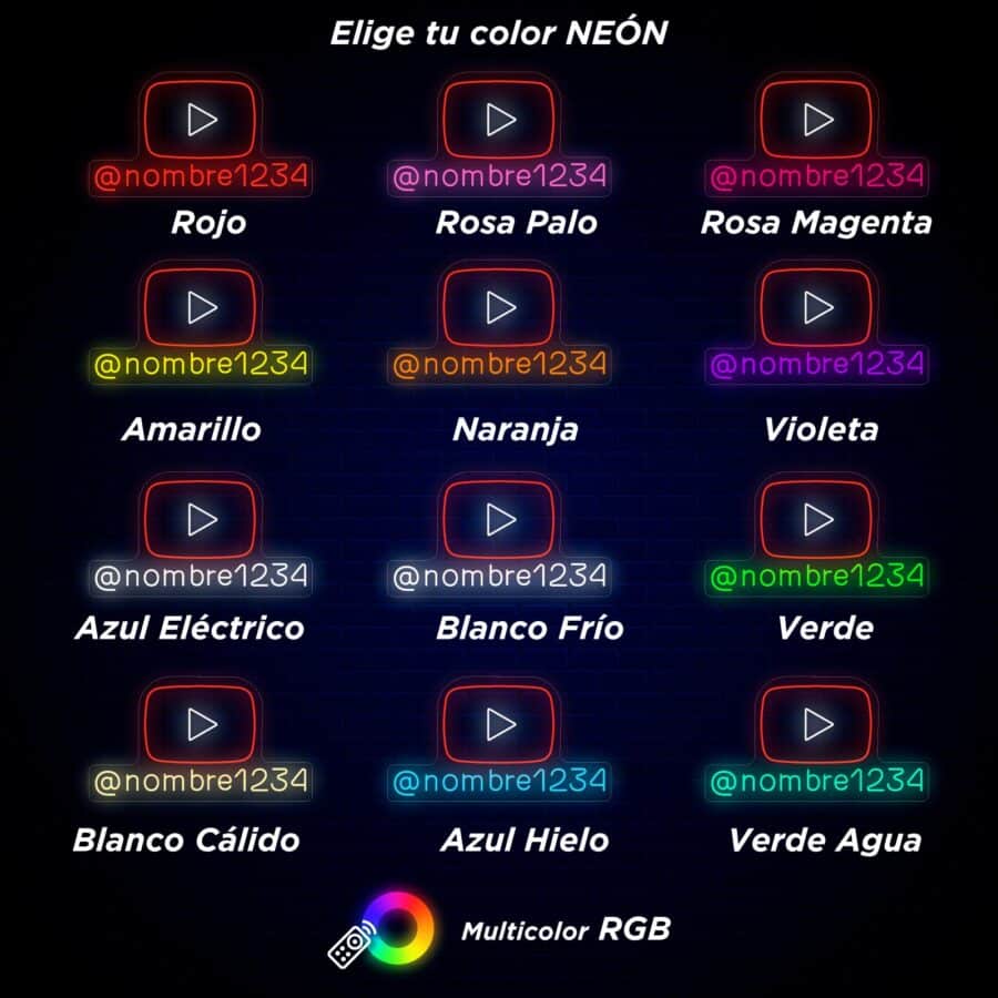 Una selección de logotipos de neón de YouTube en varios colores, cada uno con el texto "@nombre1234" debajo. Los colores incluyen rojo, rosa, magenta, amarillo, naranja, violeta, azul, blanco, verde y RGB multicolor.