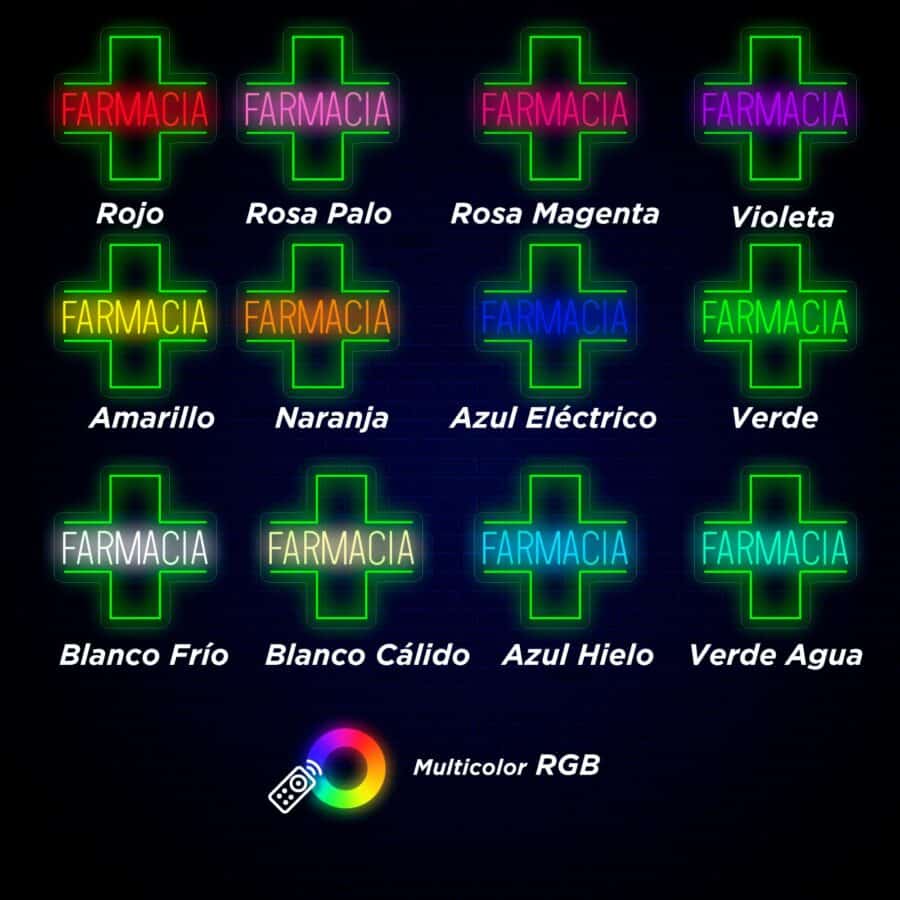 Cuadrícula de cruces de neón con la palabra "FARMACIA" en varios colores, incluidos rojo, rosa palo, violeta, amarillo, verde, blanco frío, azul hielo y RGB multicolor en la parte inferior.