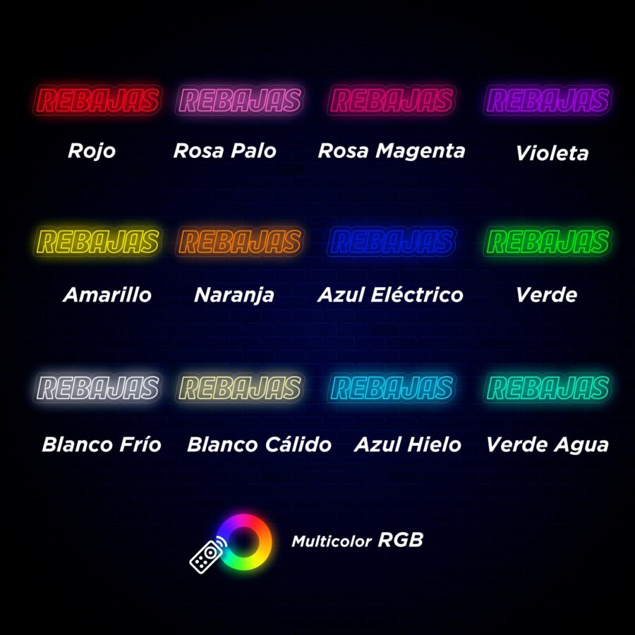 Texto que dice "REBAJAS" en 12 colores: rojo, rosa pálido, magenta, violeta, amarillo, naranja, azul eléctrico, verde, blanco frío, blanco cálido, azul hielo y verde agua. Rueda RGB multicolor debajo.