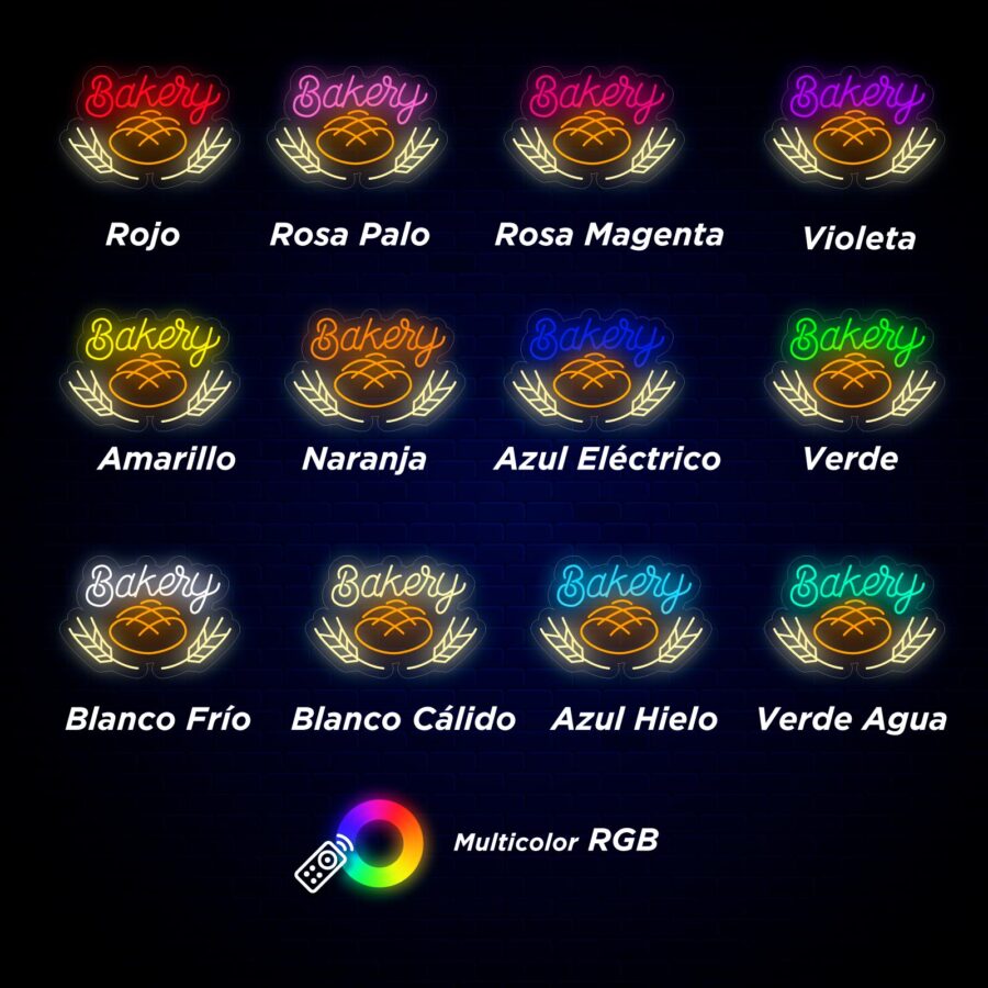 Doce carteles de neón de "Panadería" en varios colores, incluidos rojo, rosa, violeta, amarillo, naranja, azul, verde y blanco, con el logotipo de un pan y una paleta RGB multicolor en la parte inferior.