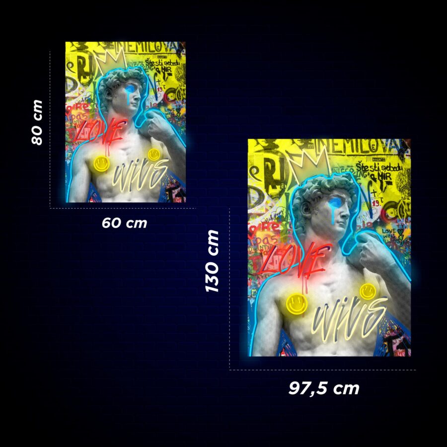 Dos carteles de una estatua con fondo de graffiti; el cartel más pequeño mide 60x80 cm, el cartel más grande mide 97,5x130 cm.
