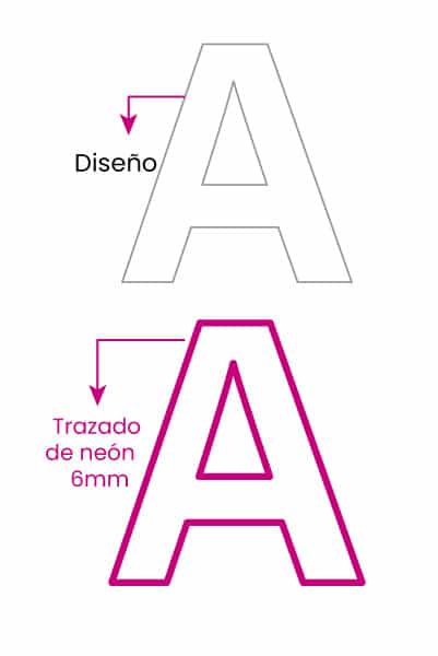 Letra «A» perfilada con neón LED rosa por todo el borde exterior del diseño: ejemplo de doble trazo de 6 mm.