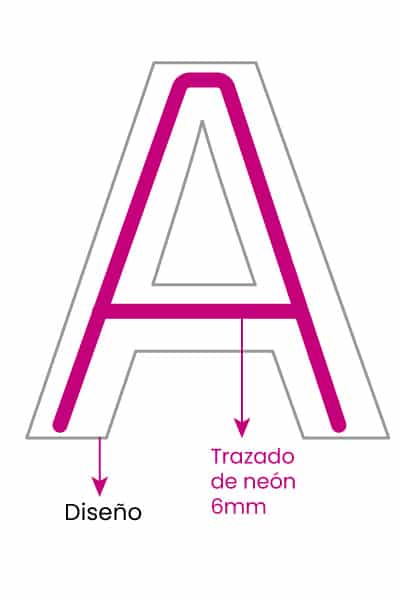 Letra «A» con una sola línea de neón LED rosa por el centro del diseño: ejemplo de trazo simple de 6 mm.