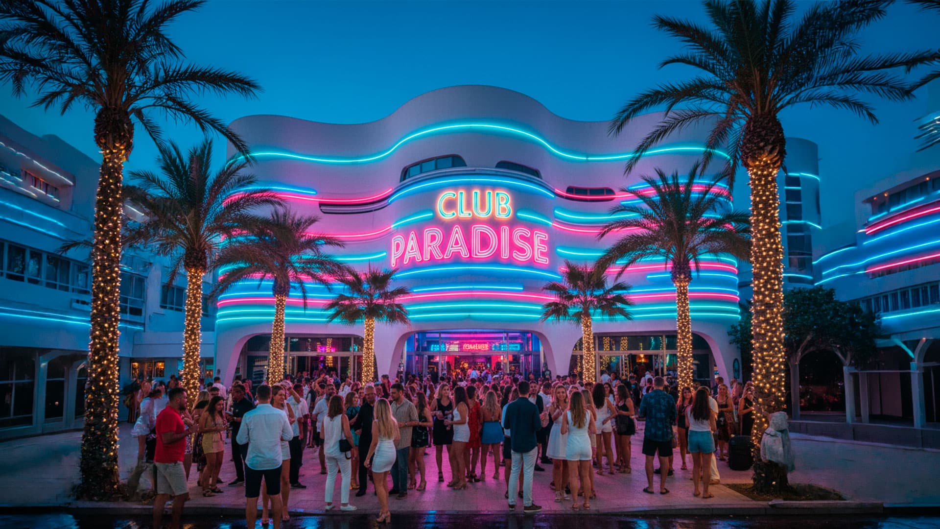 Al anochecer, una gran multitud se reúne en el exterior de una discoteca muy iluminada llamada "Club Paradise", con luces de neón y palmeras delante del edificio.