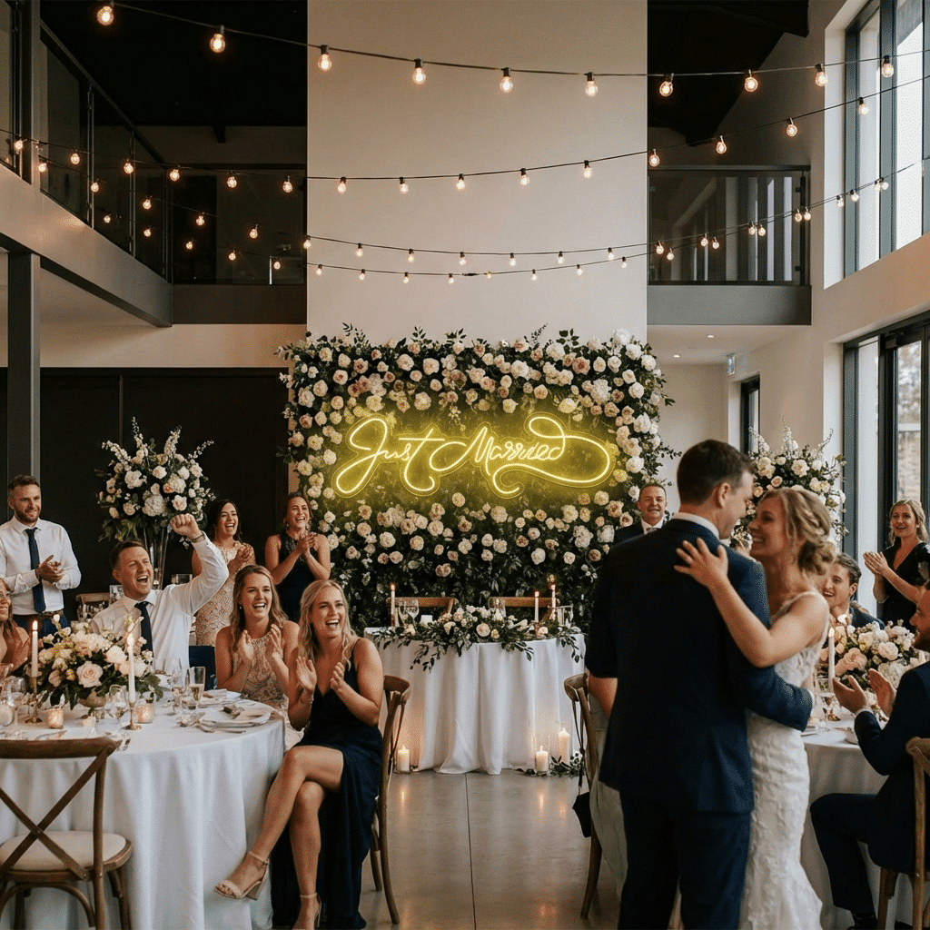 Neón LED 'Just Married' de alquiler iluminando una recepción de boda