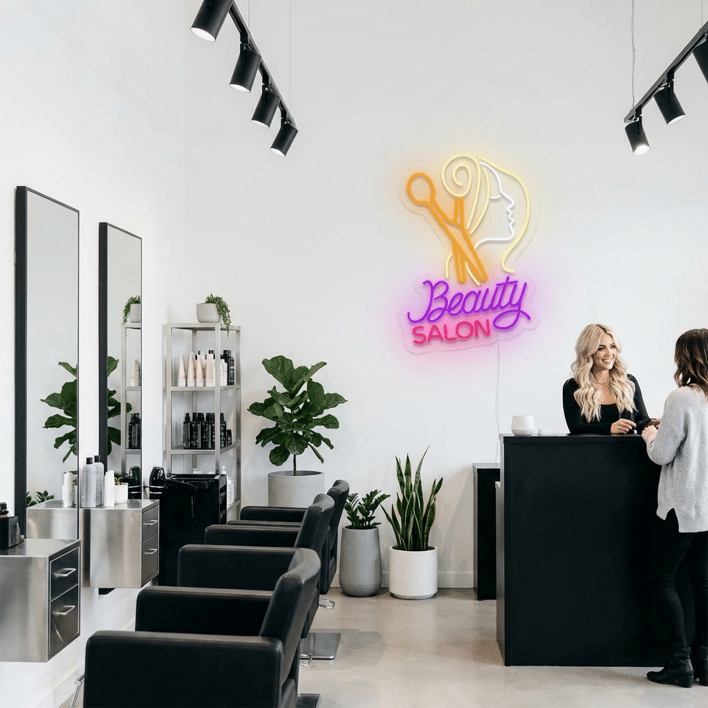 Salón de belleza moderno decorado con un neón LED 'Beauty Salon'