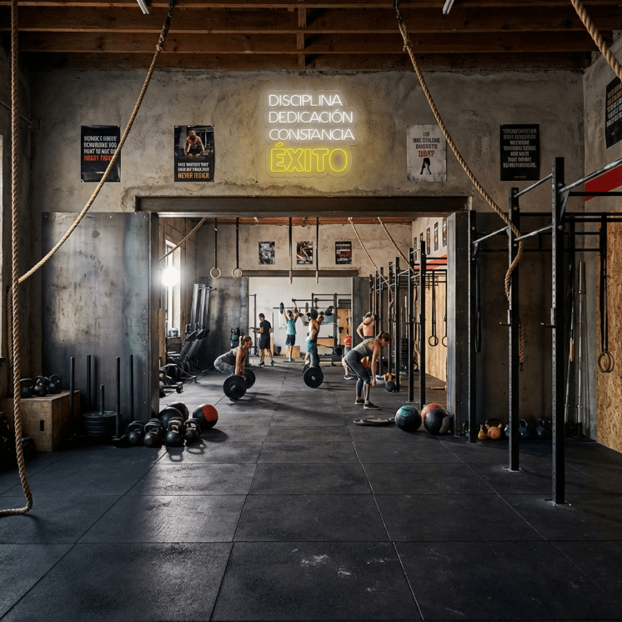 Personas hacen ejercicio con pesas y aparatos de gimnasia en un gimnasio de estilo industrial. Un cartel de neón en la pared reza: "Disciplina, Dedicación, Constancia, Éxito".