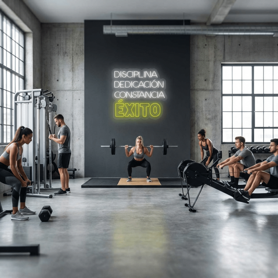 Gente haciendo ejercicio en un moderno gimnasio con grandes ventanales; un cartel de neón en la pared reza "Disciplina Dedicación Constancia Éxito".