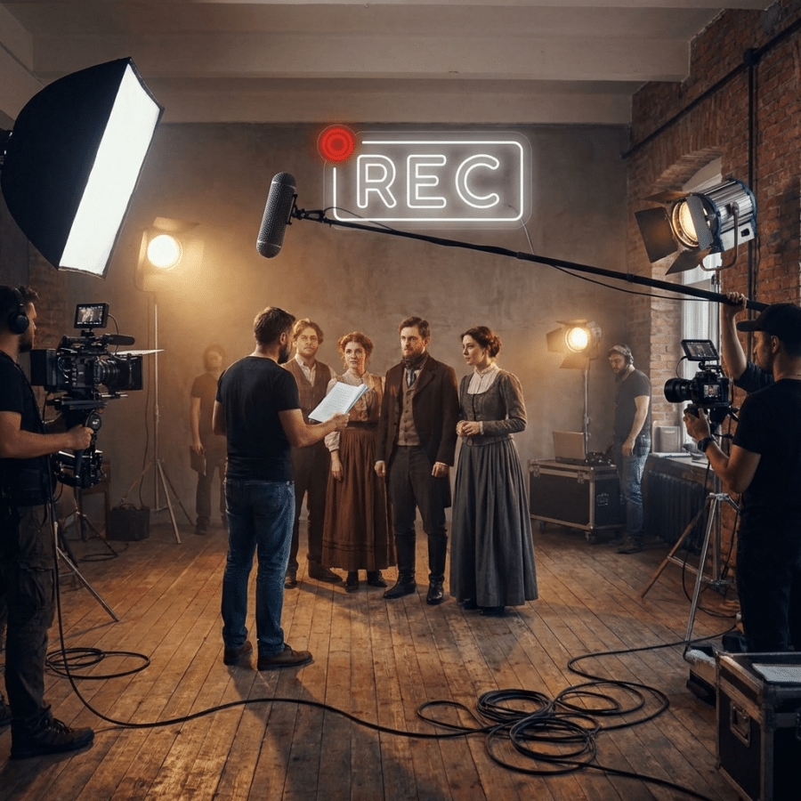 Actores ataviados con trajes de época en un plató rodeados de cámaras, personal, equipos de iluminación y un gran cartel de "REC" en lo alto.