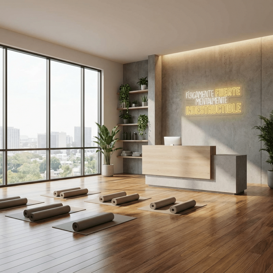 Un moderno estudio de yoga con esterillas enrolladas sobre un suelo de madera, grandes ventanales con vistas a la ciudad y un mostrador de recepción con un letrero de neón en español en la pared.