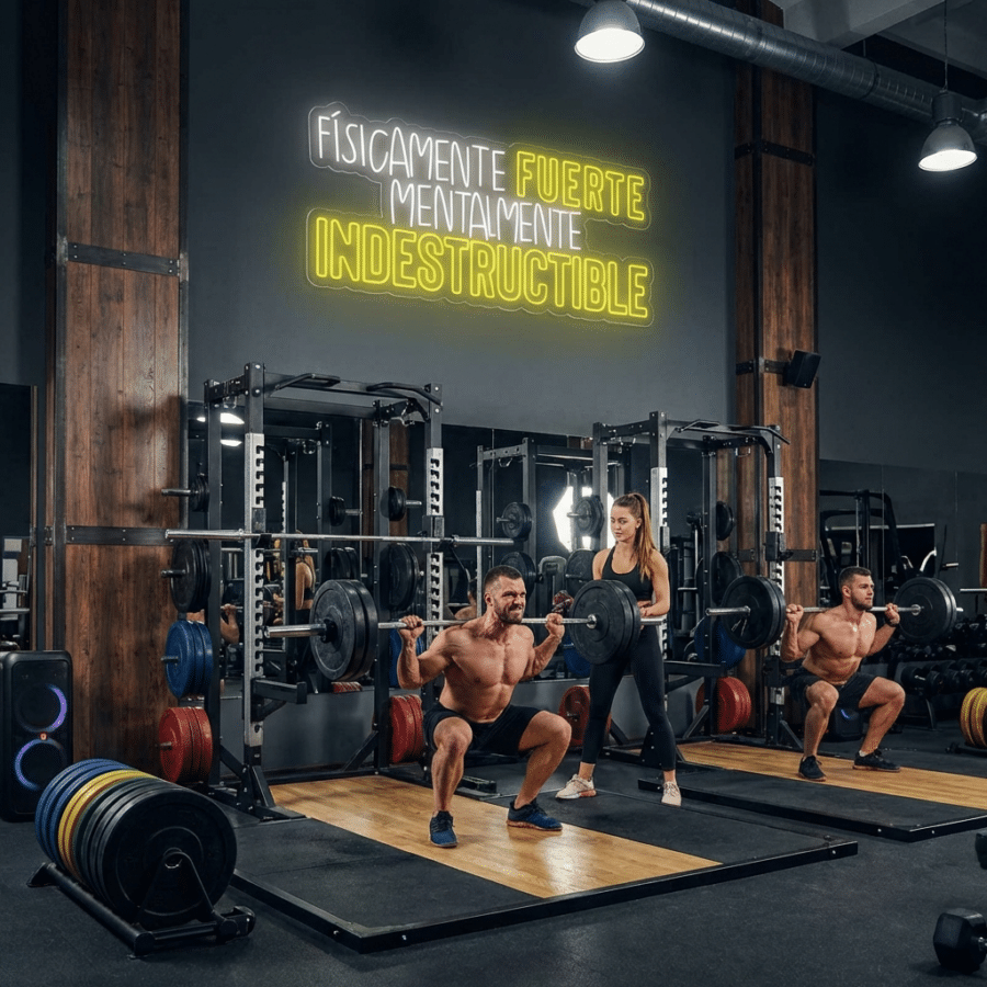 Tres personas están en un gimnasio; dos hombres hacen sentadillas con pesas mientras una mujer se interpone entre ellos. Un cartel de neón en la pared dice: "Físicamente fuerte, mentalmente indestructible.