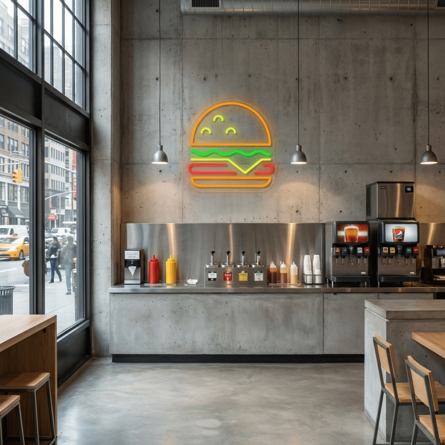 Interior de un moderno restaurante de comida rápida con un cartel de neón de hamburguesas, dispensadores de condimentos y máquinas de refrescos contra un muro de hormigón, grandes ventanales muestran una calle de la ciudad en el exterior.