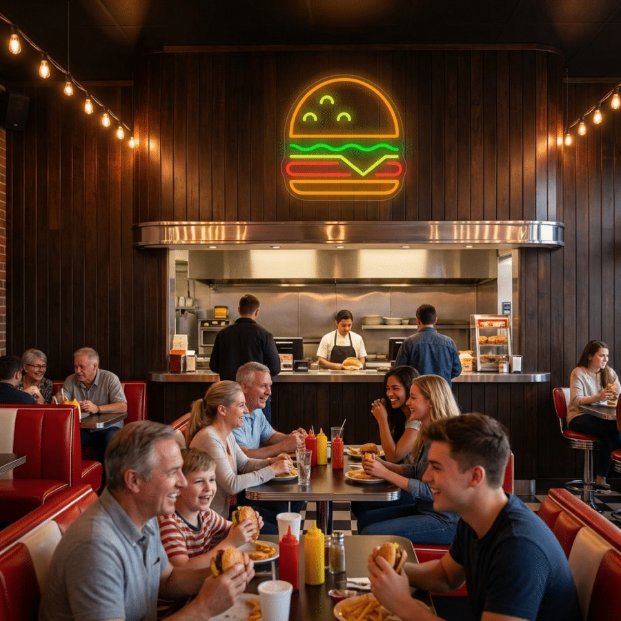 La gente se sienta en mesas rojas a comer hamburguesas y patatas fritas en una cafetería de estilo retro con un cartel de hamburguesas de neón y una cocina abierta al fondo.